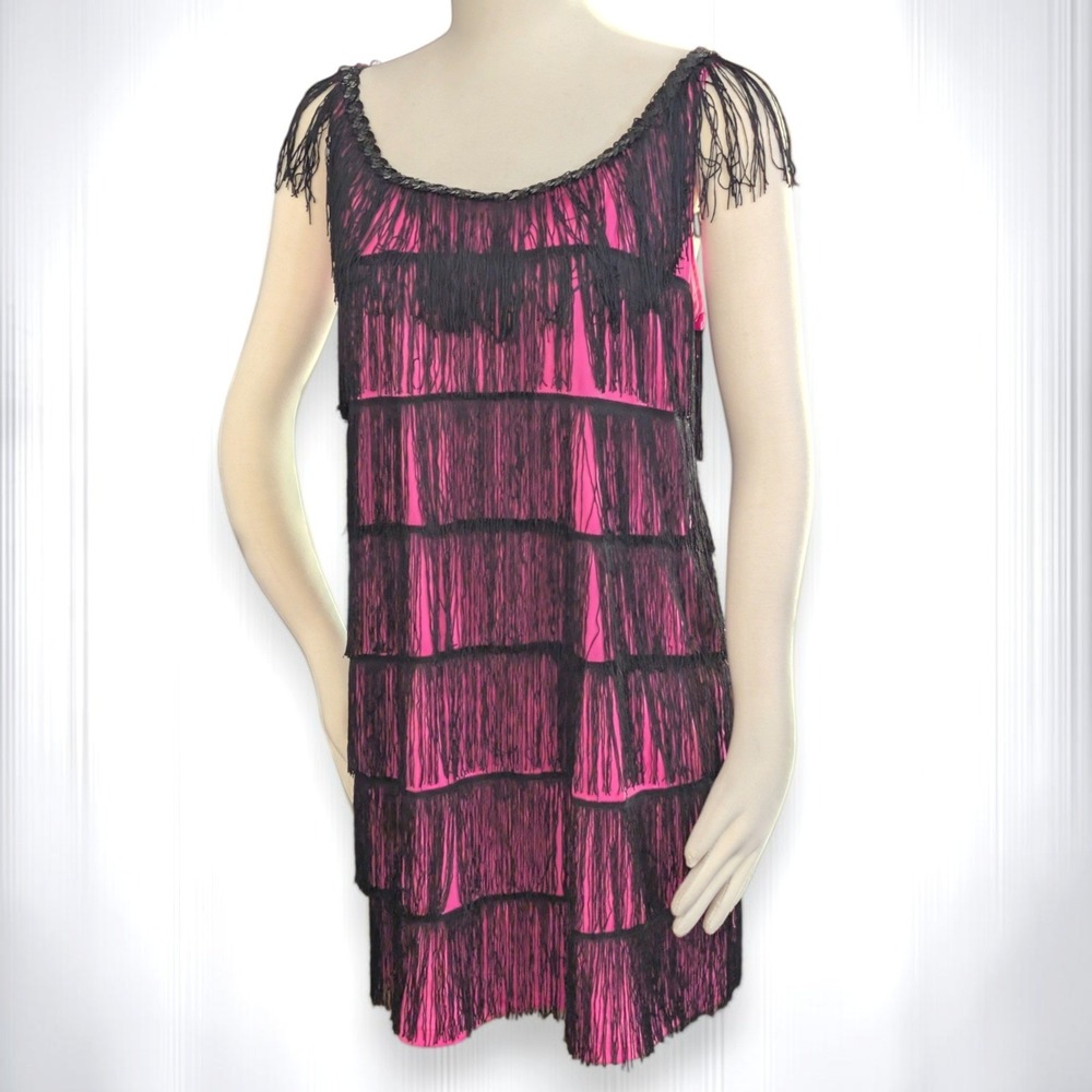 Spirit Jazzy Hot Pink Flapper Dress Costume Black Fringe Womens M/L 8-12